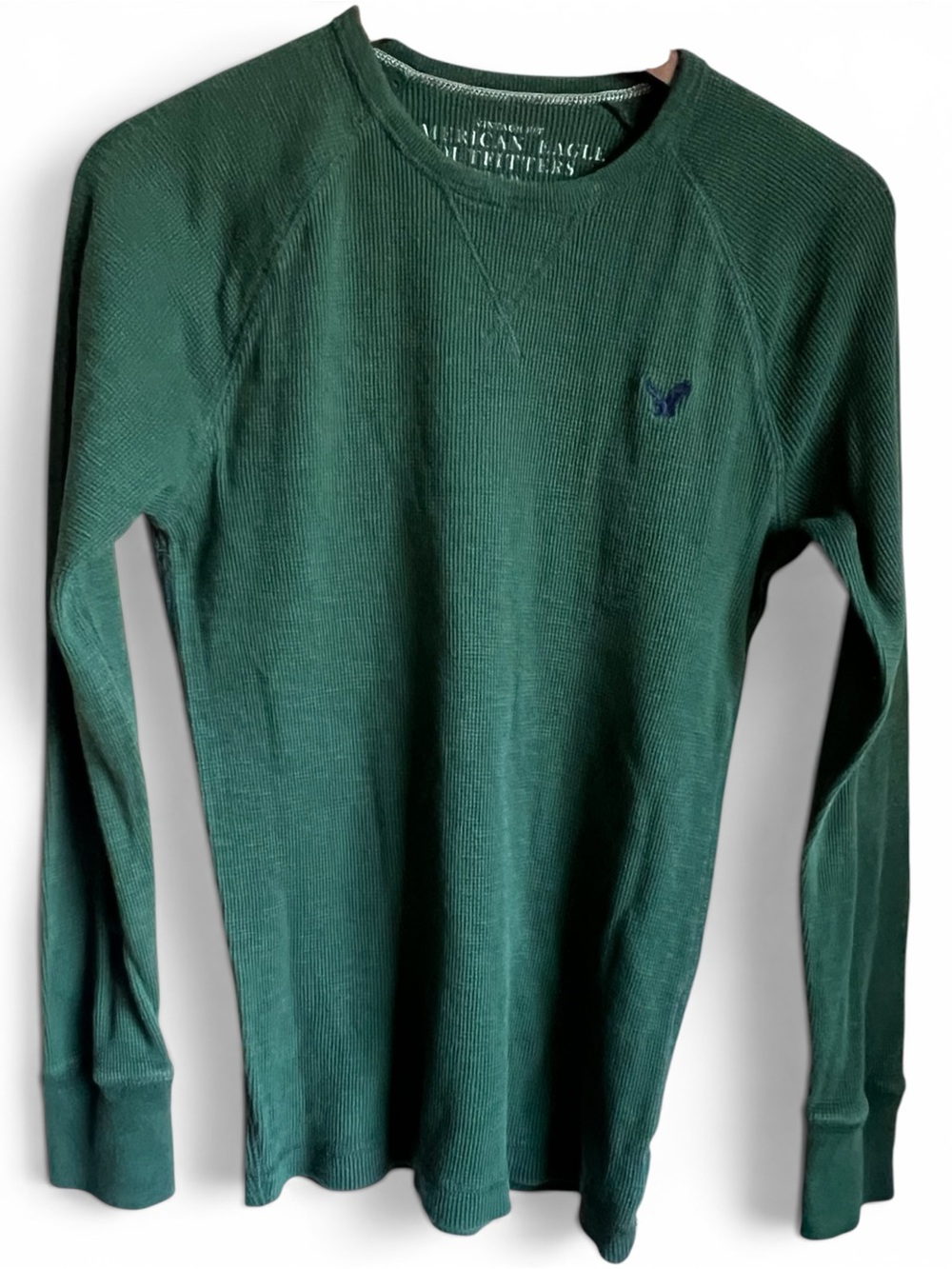 Y2K American Eagle Thermal Henley Shirt Green Waffle Knit Grunge Indie